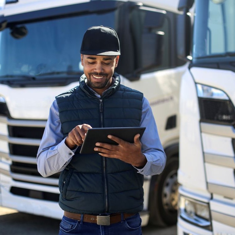 Fleet manager wearing cap and vest using a tablet while standing in front of parked delivery trucks for fuel shortage business continuity planning