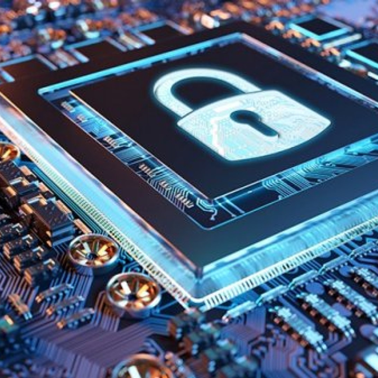 Close-up of a circuit board with a glowing security lock icon symbolising cybersecurity and cyber risk protection.