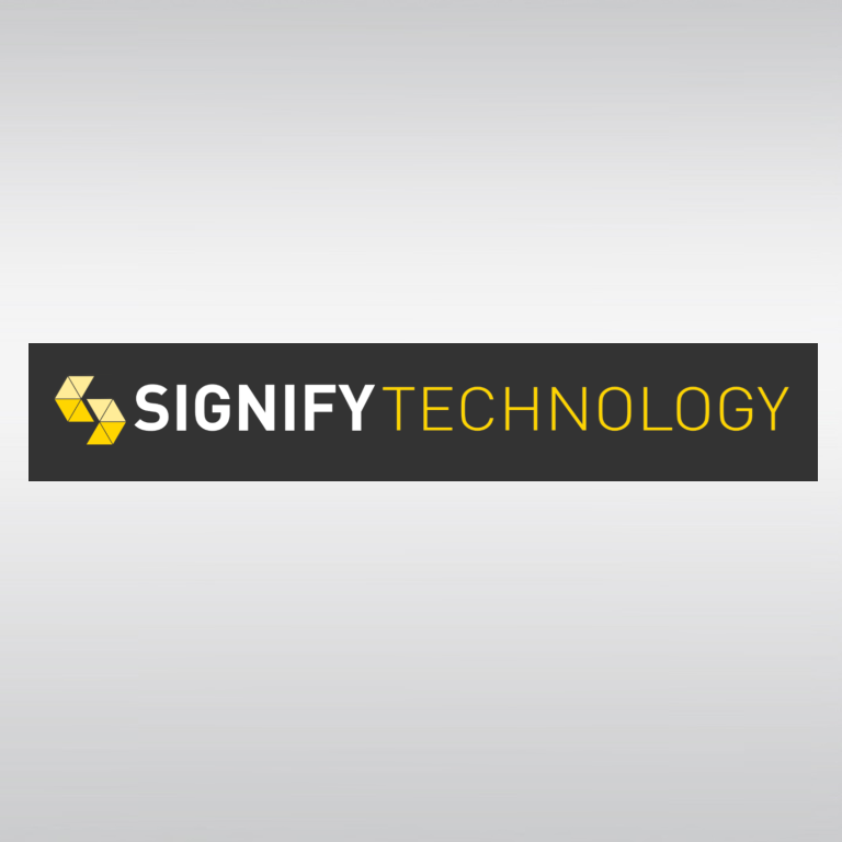 Black rectangular background with the words Signify Technology where Signify is in white and Technology is in yellow, accompanied by a yellow geometric logo on the left.