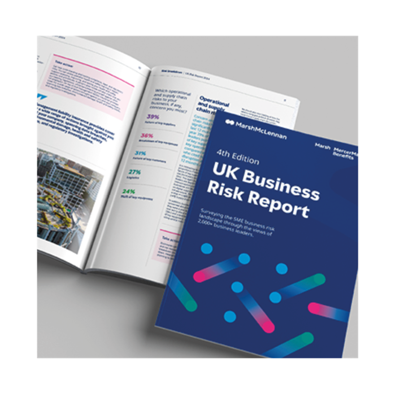 Image of the UK Business Risk Report 2024 showing the front cover with title and a partially visible open spread featuring text and charts.